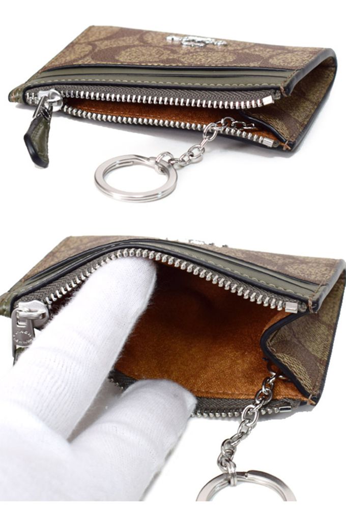 COACH - 滿版LOGO拼接皮革卡片零錢包 (卡其綠)