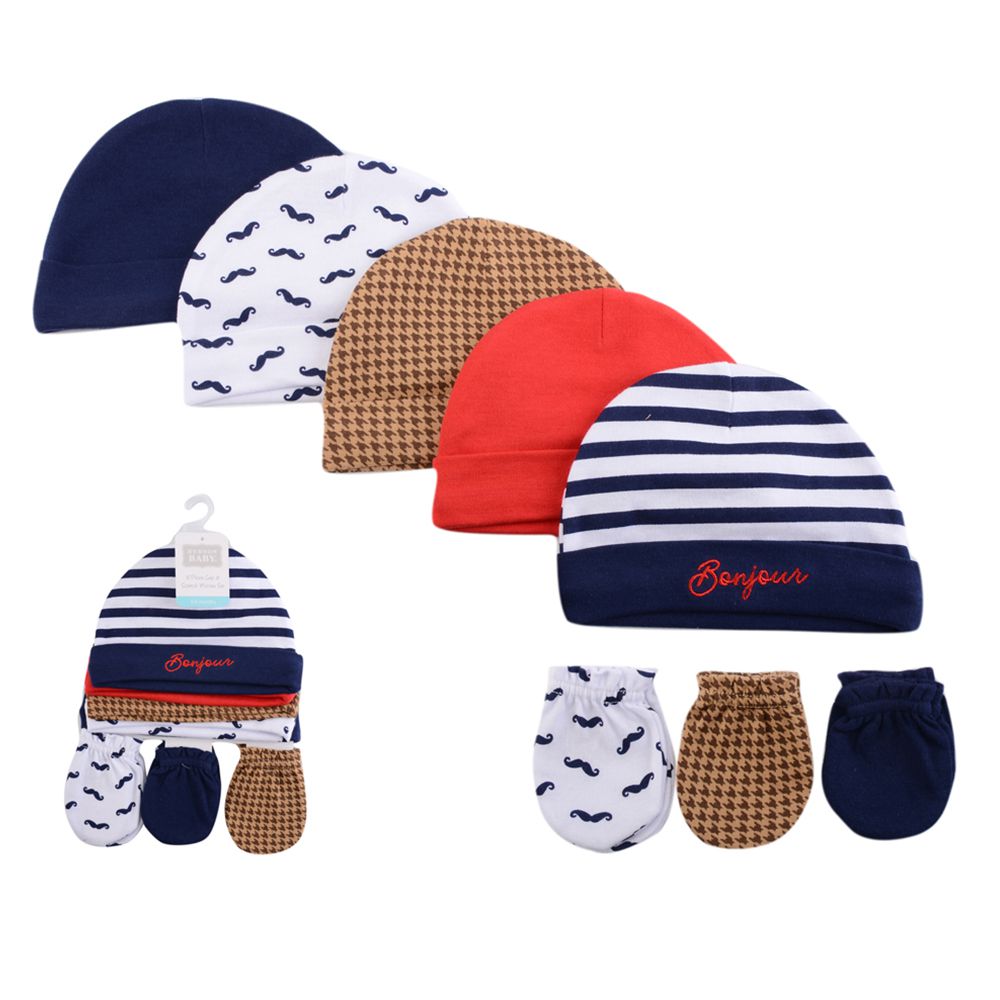 美國 Luvable Friends - 甜蜜寶貝100%純棉新生兒棉帽 保暖帽5件組+防抓手套 護手套3入組-藍色翹鬍子 (0-6M)