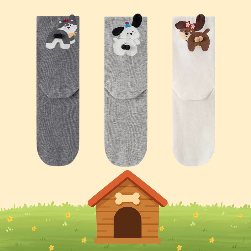 胖嘟嘟立體毛球狗狗中筒棉襪 (Free Size (腳長22 cm+))-3 雙一組