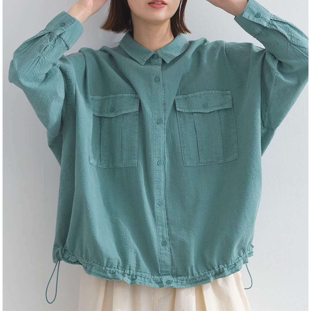 復古紋理率性抽繩純棉落肩襯衫-綠
