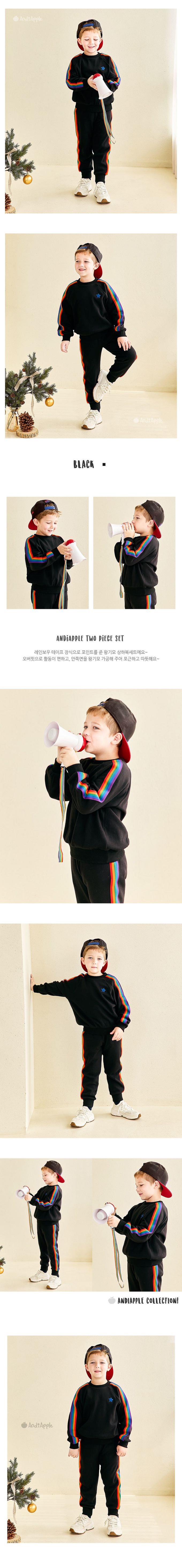 韓國 AndiApple - 彩虹色線點綴內刷毛長袖套裝-黑