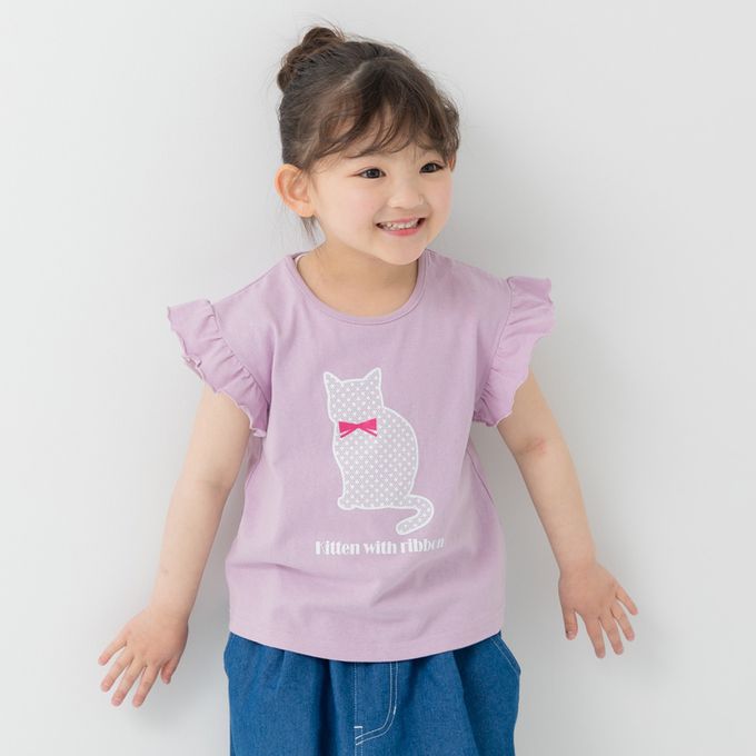 日本 Chil2 - 100%棉 荷葉邊女孩印花短袖上衣-糖果包包-水藍