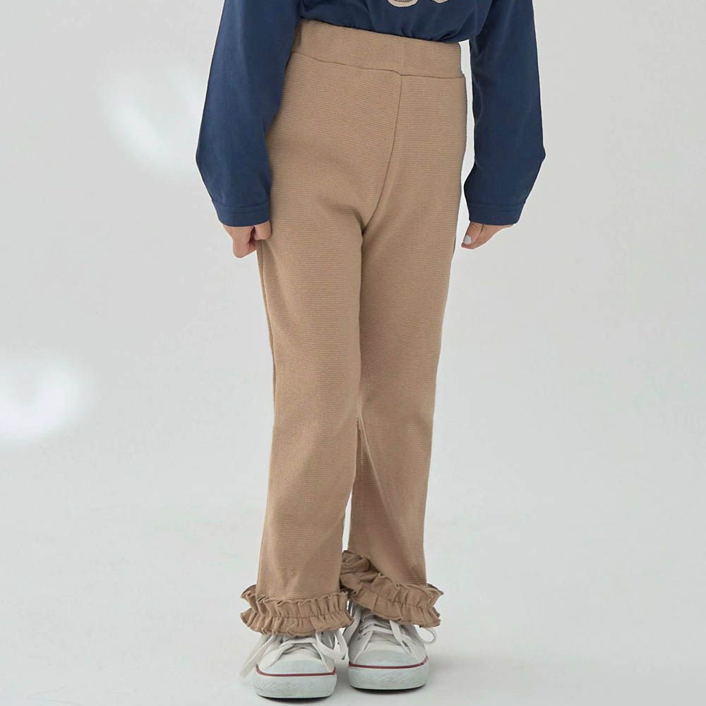 彈力荷葉邊微喇叭長褲-摩卡棕