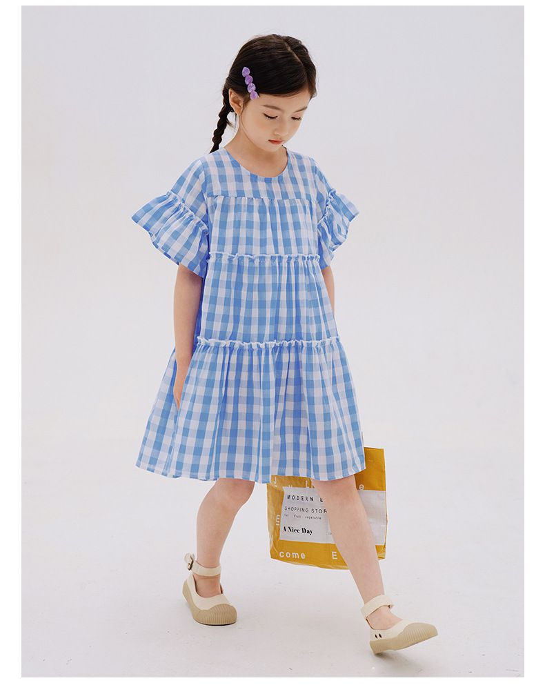 夏日風情拼接蛋糕裙洋裝-藍白格紋