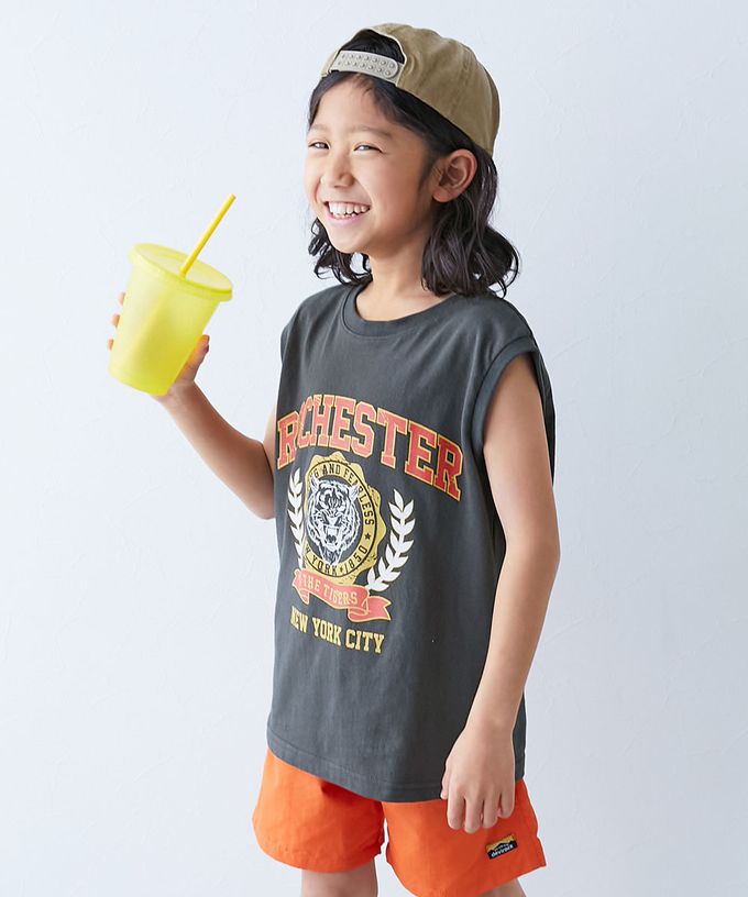 日本 devirock - 100%棉 定番印花寬版無袖上衣-TOUGH-灰黑