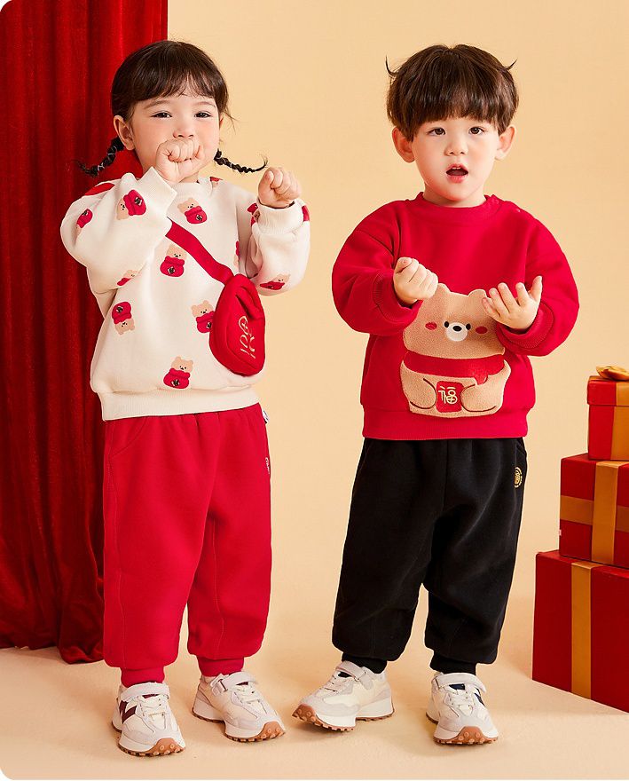 加絨喜氣洋洋長袖上衣-福氣熊熊-紅色