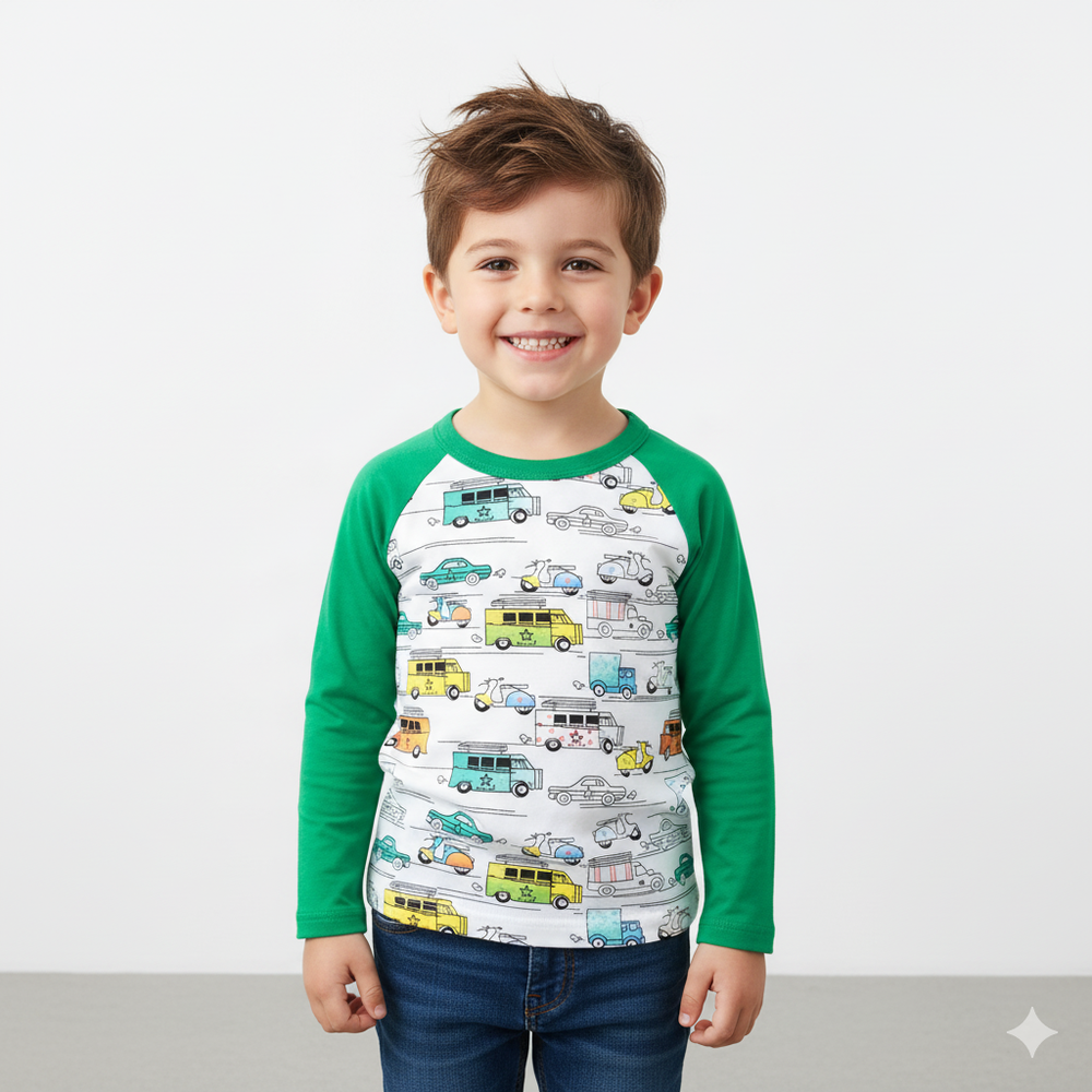 純棉長袖上衣-滿滿汽車-綠色