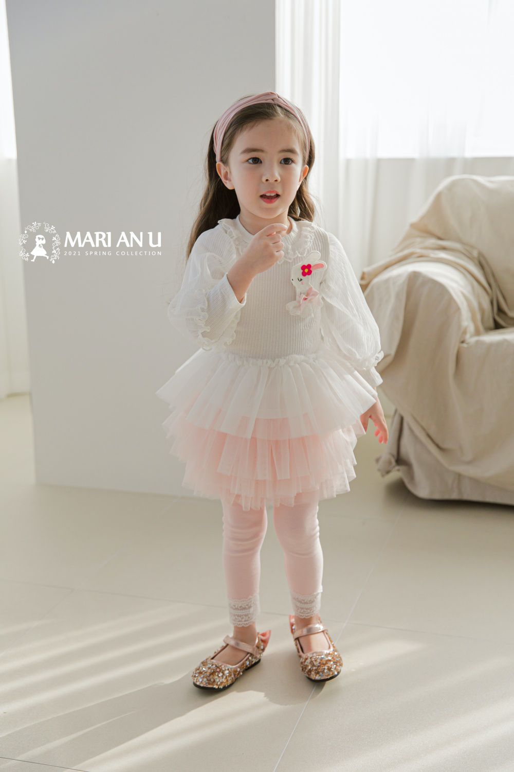 韓國 mari an u - 小兔子網紗泡泡袖上衣-象牙白