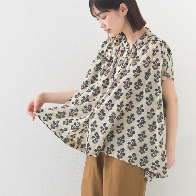 日本 OMNES - 100%印度棉 輕盈寬版襯衫式上衣-圖騰-海軍藍