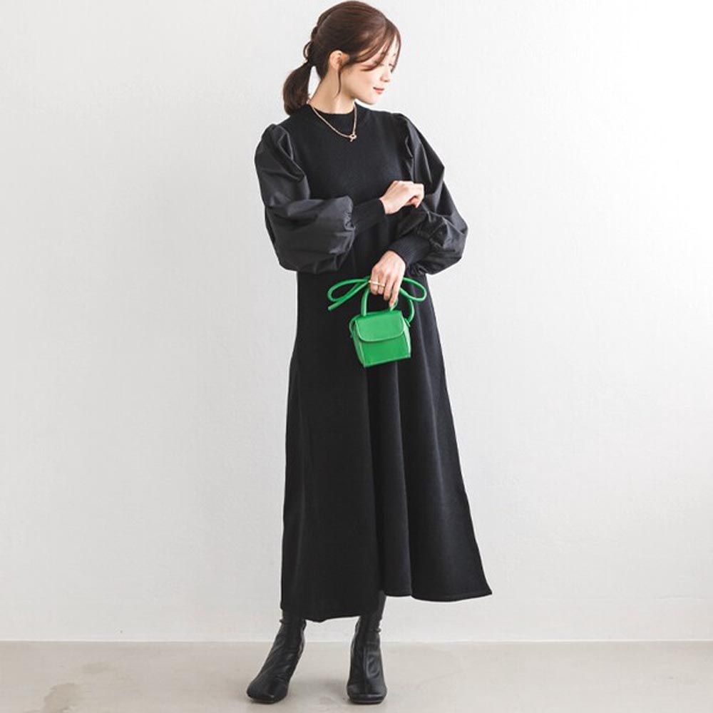 日本 ihuu - 異素材宮廷袖拼接針織洋裝-黑