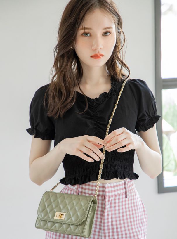 日本 GRL - 公主抓皺縮腰後蝴蝶結短版短袖上衣-天使白