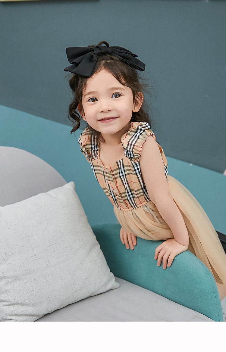 甜美網紗背心洋裝-格紋款-卡其色