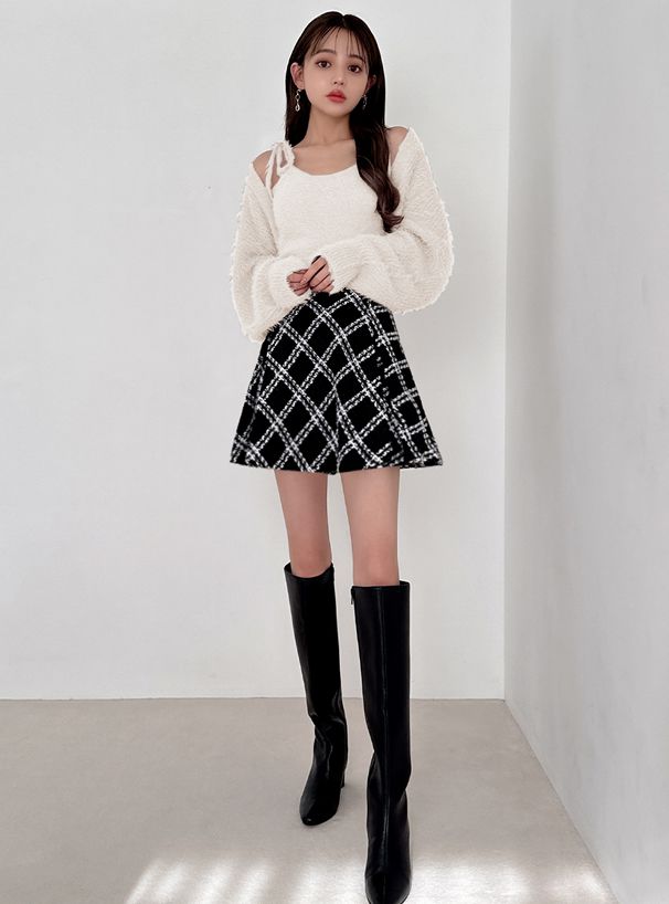 日本 GRL - 時尚毛絨綁帶背心x針織小外套兩件組-時尚黑 (F)