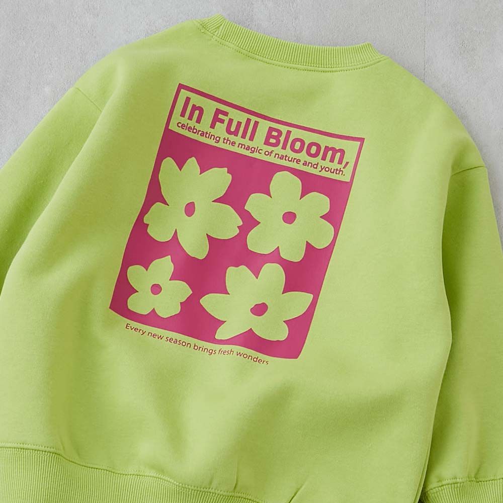 熱銷定番 裏起毛女孩印花大學長袖上衣-花朵-黃綠