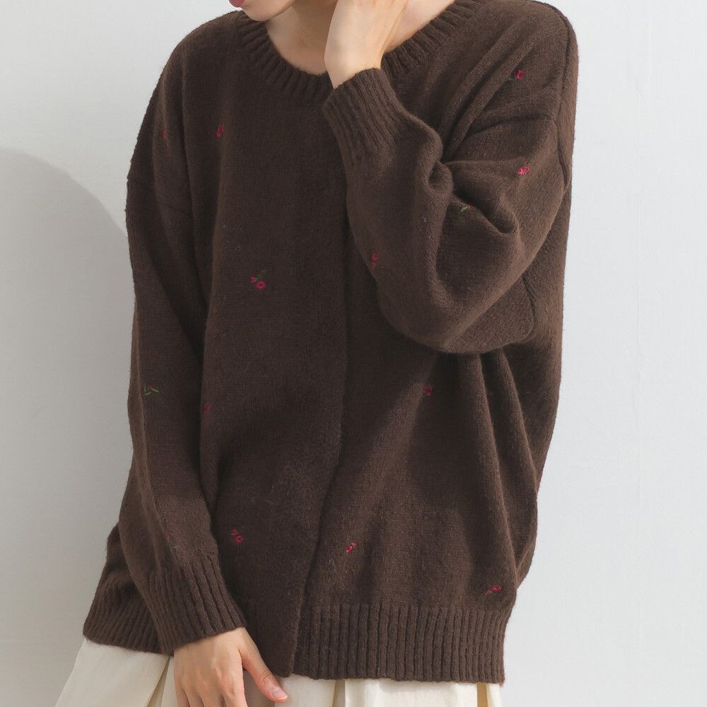 低調小花刺繡圓領開襟針織外套-可可