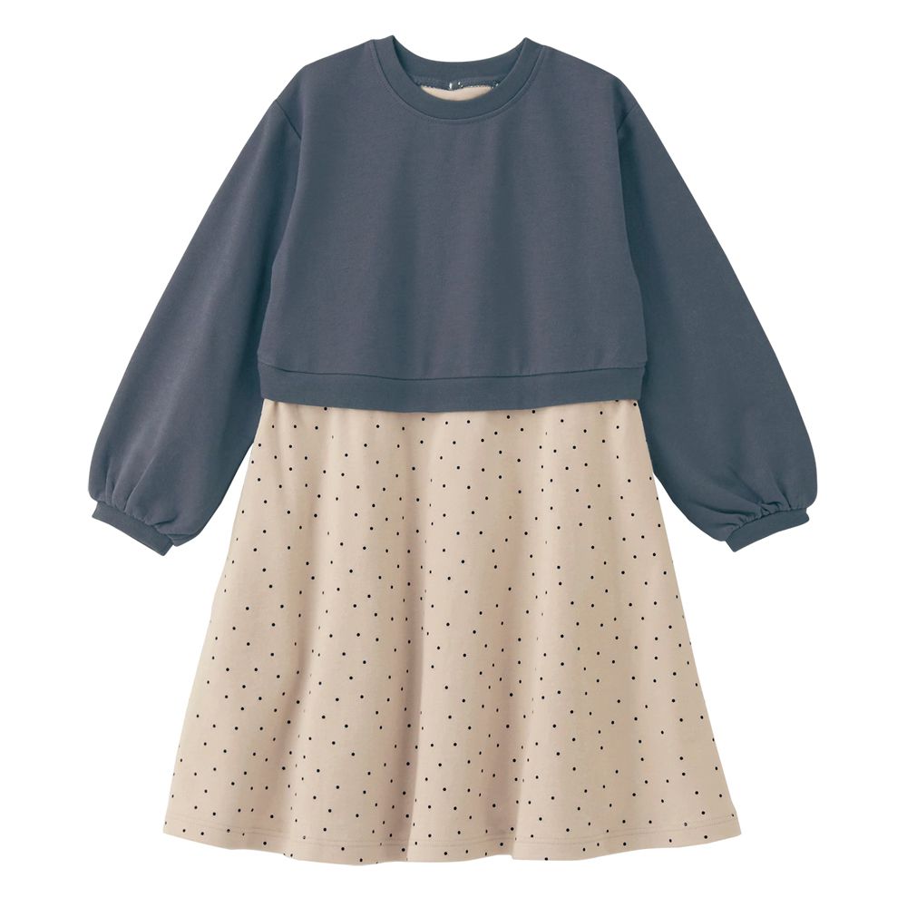 後背蝴蝶結假兩件式長袖洋裝-點點-炭灰X米杏