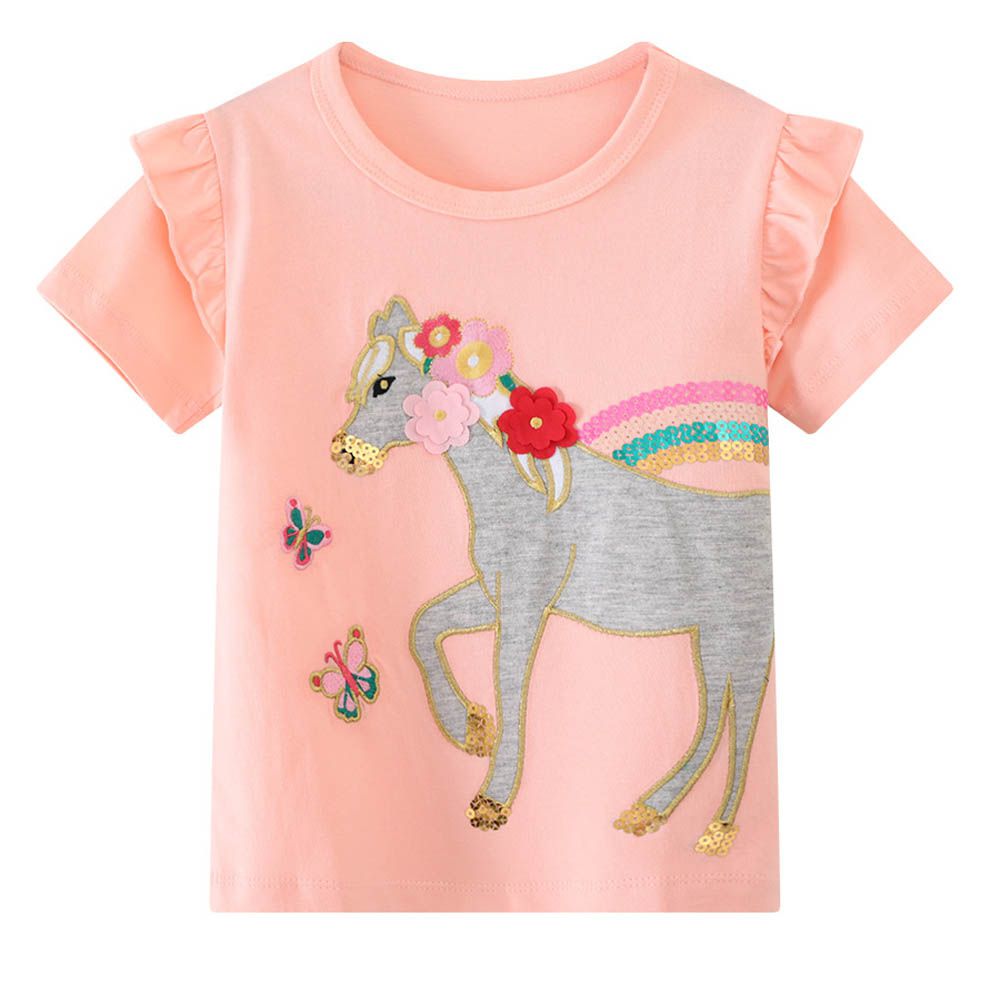 棉質圓領短袖上衣-彩虹獨角獸-粉色