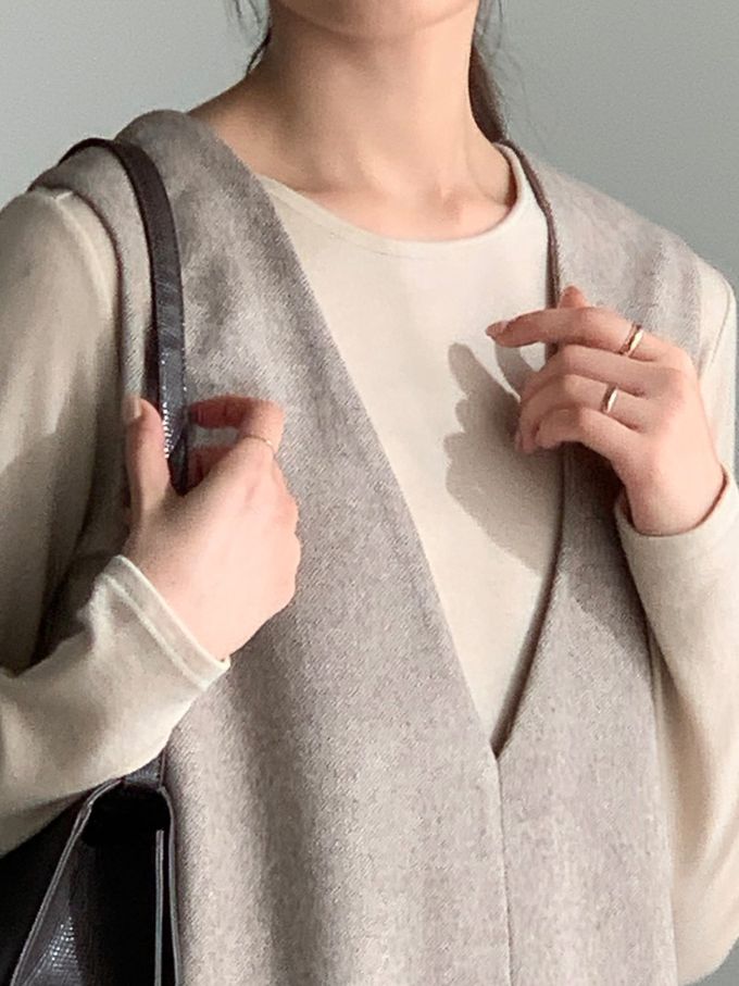 韓國女裝連線 - 簡約V字混羊毛側開連身洋裝-淡摩卡咖 (FREE)