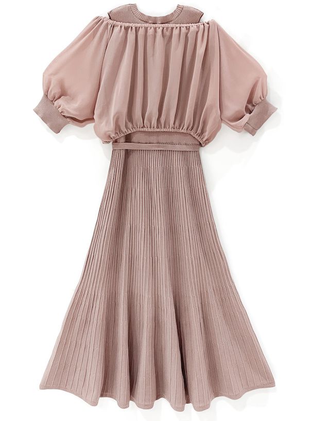 日本 GRL - 夢幻薄紗泡泡袖修身兩件式洋裝-淺米杏