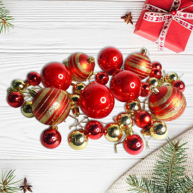 MODACore 摩達客 - 30mm+60mm造型彩繪球40入吊飾禮盒裝(12格) 紅金色系| 聖誕樹裝飾球飾掛飾