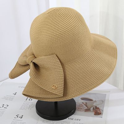 可折疊大帽沿防曬草帽-後開衩蝴蝶結-卡其色 (56-58cm)