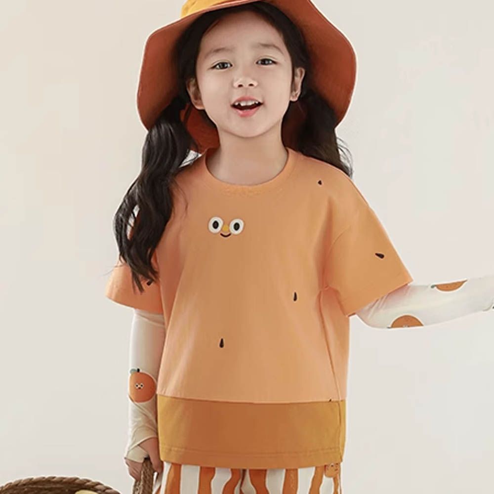 圓領水果撞色短袖上衣-表情印花-橘子