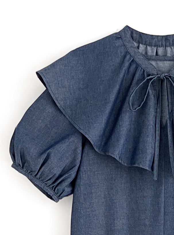 日本 GRL - 文藝少女荷葉領綁帶短袖洋裝-丹寧藍 (F)