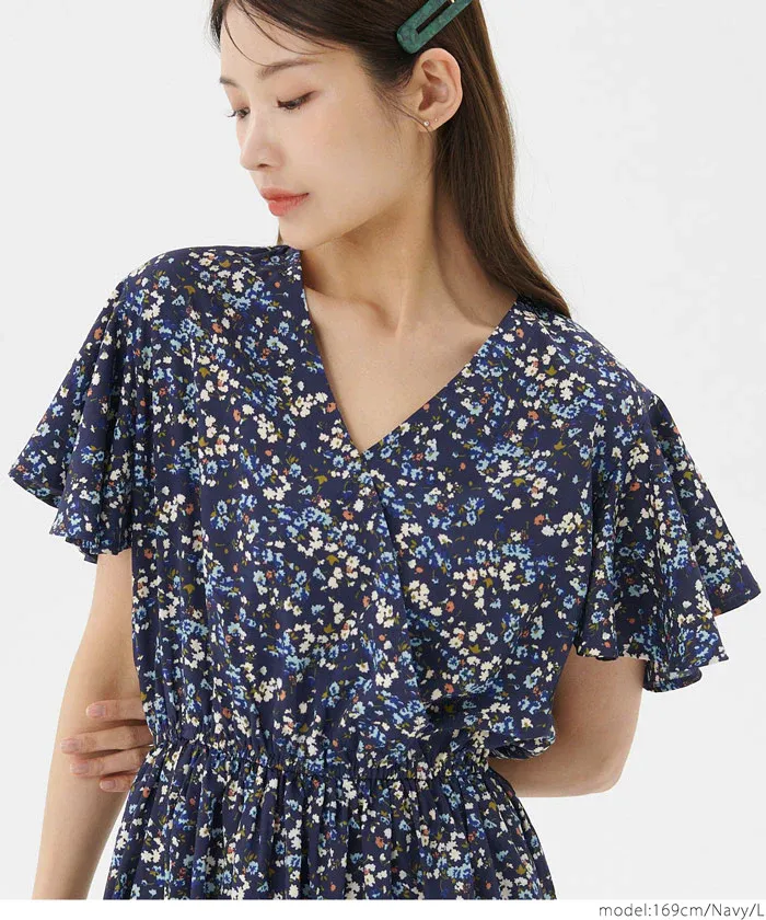 日本 COCA - 藍色的夢V領碎花洋裝-深藍