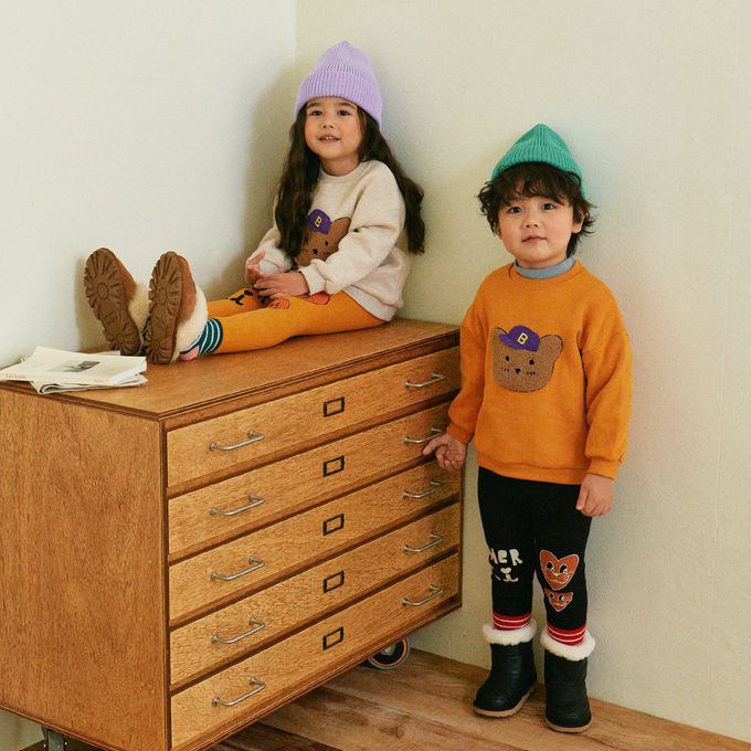 韓國 First Blue - (內磨毛)鬆緊腰愛心動物臉彈力褲-米灰杏