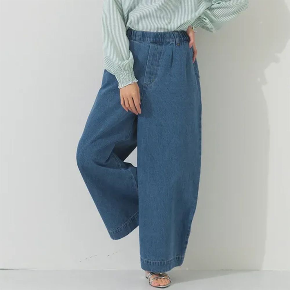 100%棉 時尚寬版彈性腰圍丹寧褲-中藍