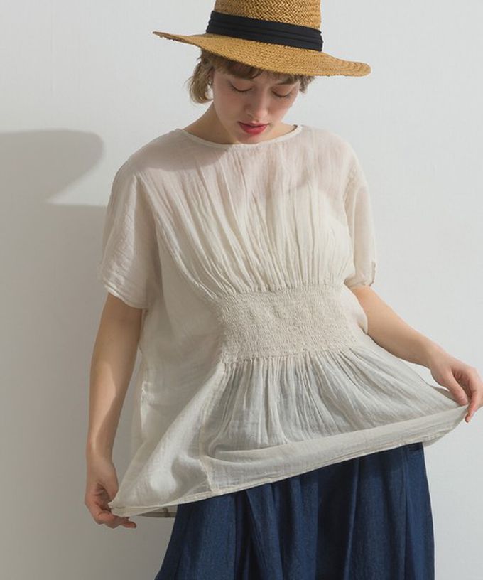 日本 Lupilien - 印度棉 人字紋清爽飄逸瘦腰短袖上衣-黑