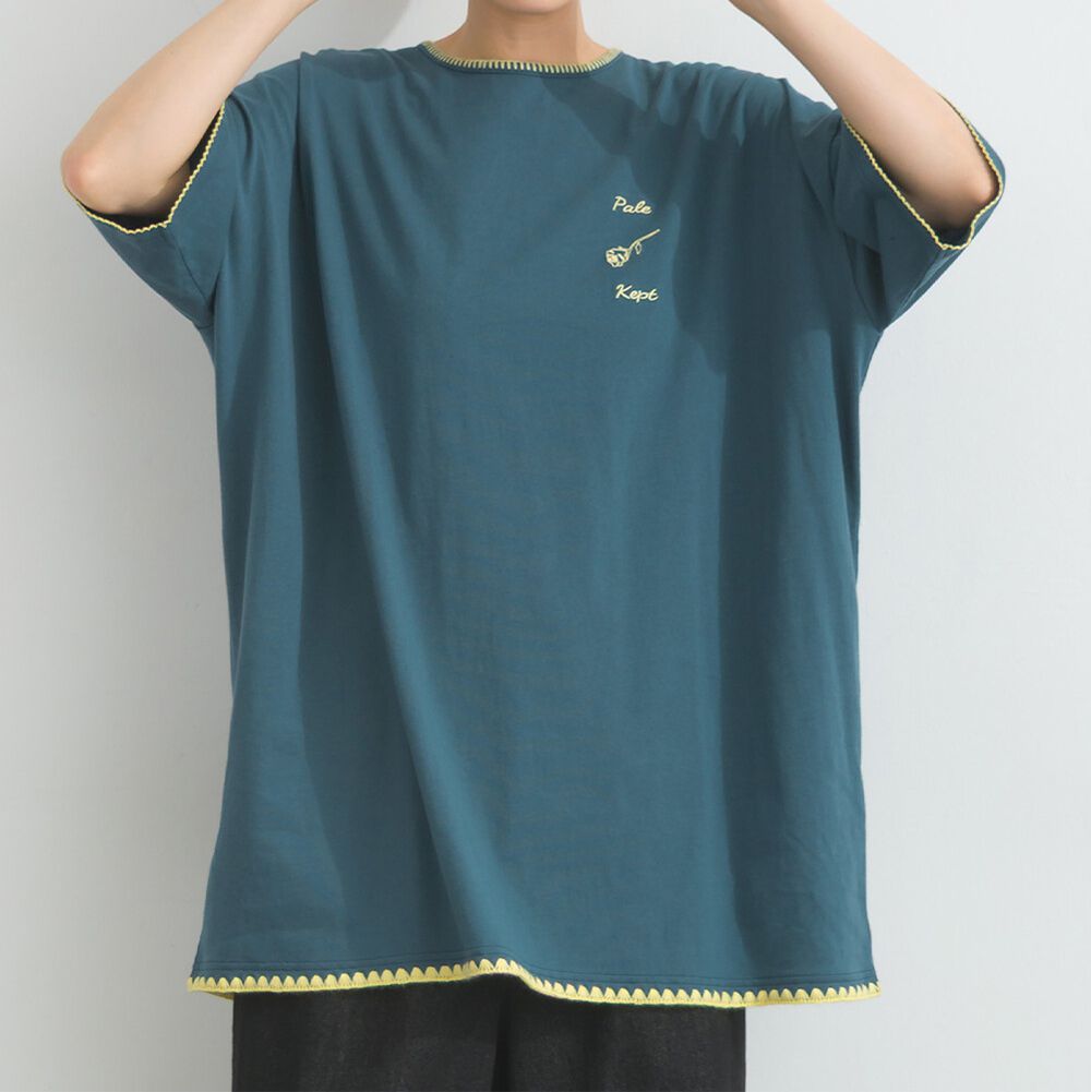 20支棉別緻縫線份量感長版T恤-藍綠