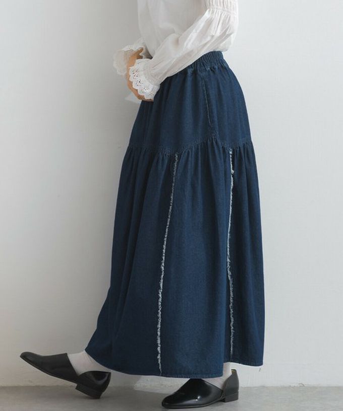 日本 Lupilien - 厚磅立體感線條澎澎長裙(附口袋)-黑色丹寧