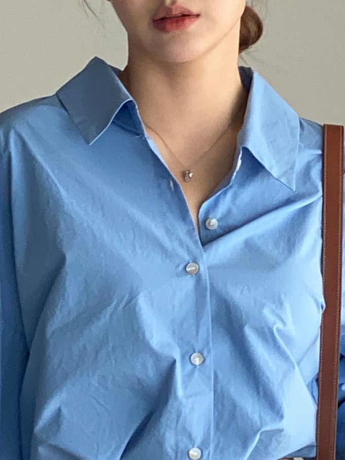 韓國女裝連線 - 知性背後抓褶翻領長袖襯衫-藍 (FREE)