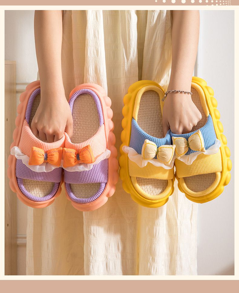 親子款厚底海綿感亞麻室內拖鞋-澎澎蝴蝶結-黃+藍