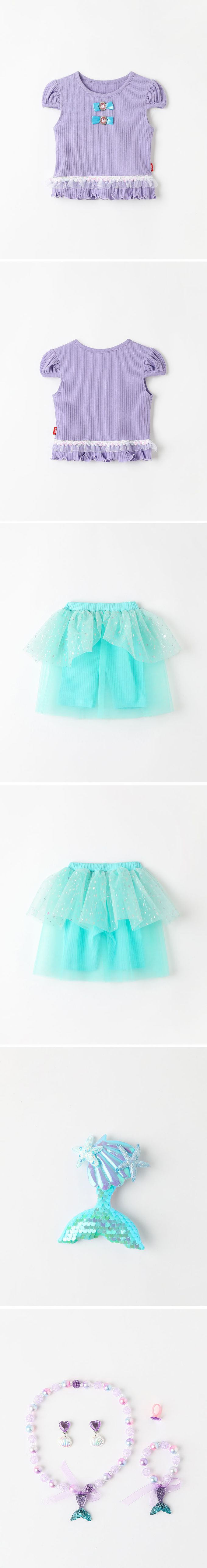 韓國 OZKIZ - (附配飾)海洋公主網紗裝飾短袖套裝-紫X湖綠