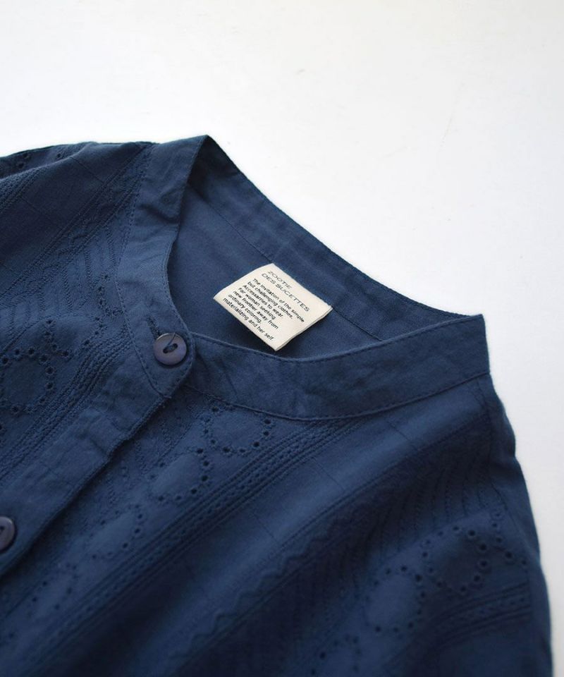 日本 zootie - 100%棉 優雅雕花圓領長袖襯衫-海軍藍
