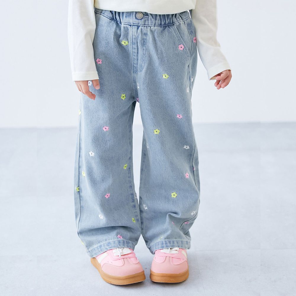 甜美亮麗刺繡刷色丹寧寬褲-小花-淺藍