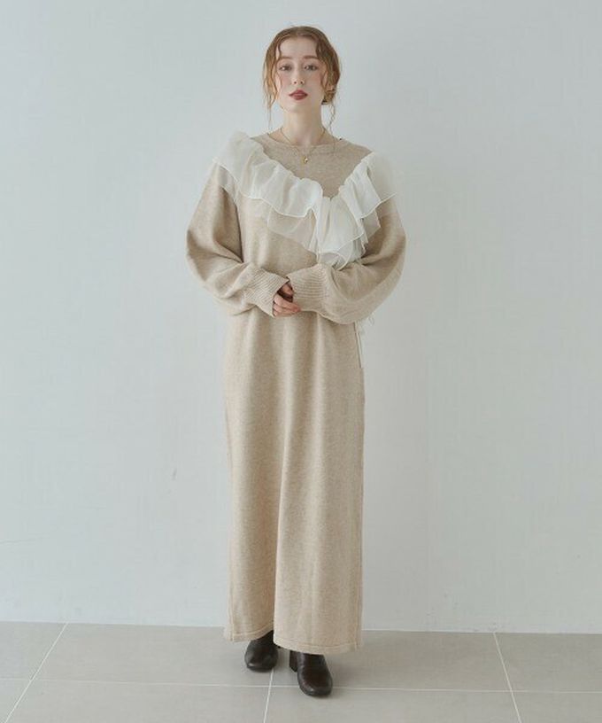 日本 Bab - 交叉薄紗荷葉柔美針織長袖洋裝-黑