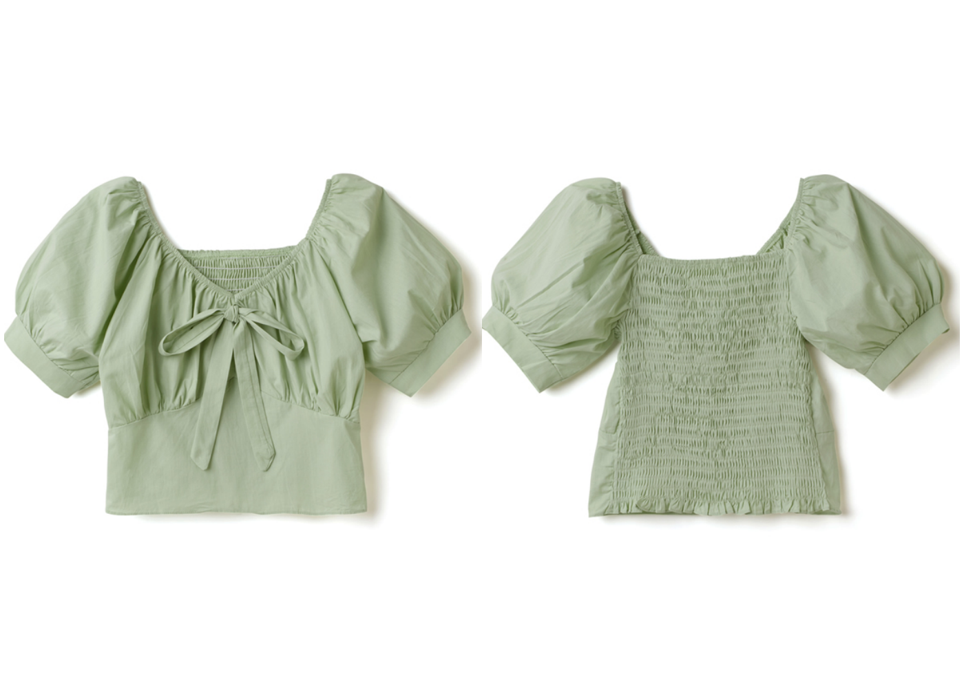 日本 GRL - 氣質抓皺U領蝴蝶結綁帶短版短袖上衣-青春綠