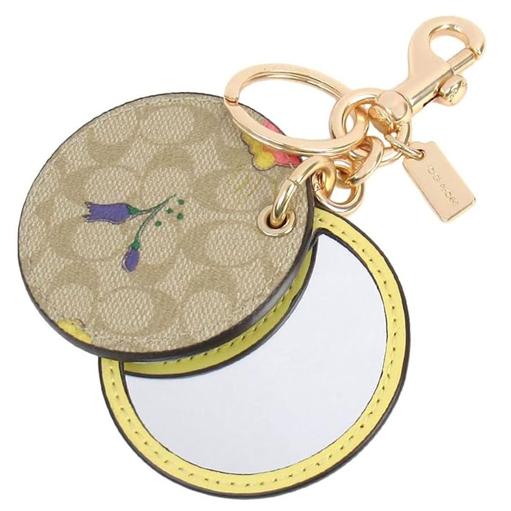 圓形印花皮革化妝鏡鑰匙圈/吊飾 (淺卡其淺黃小花)