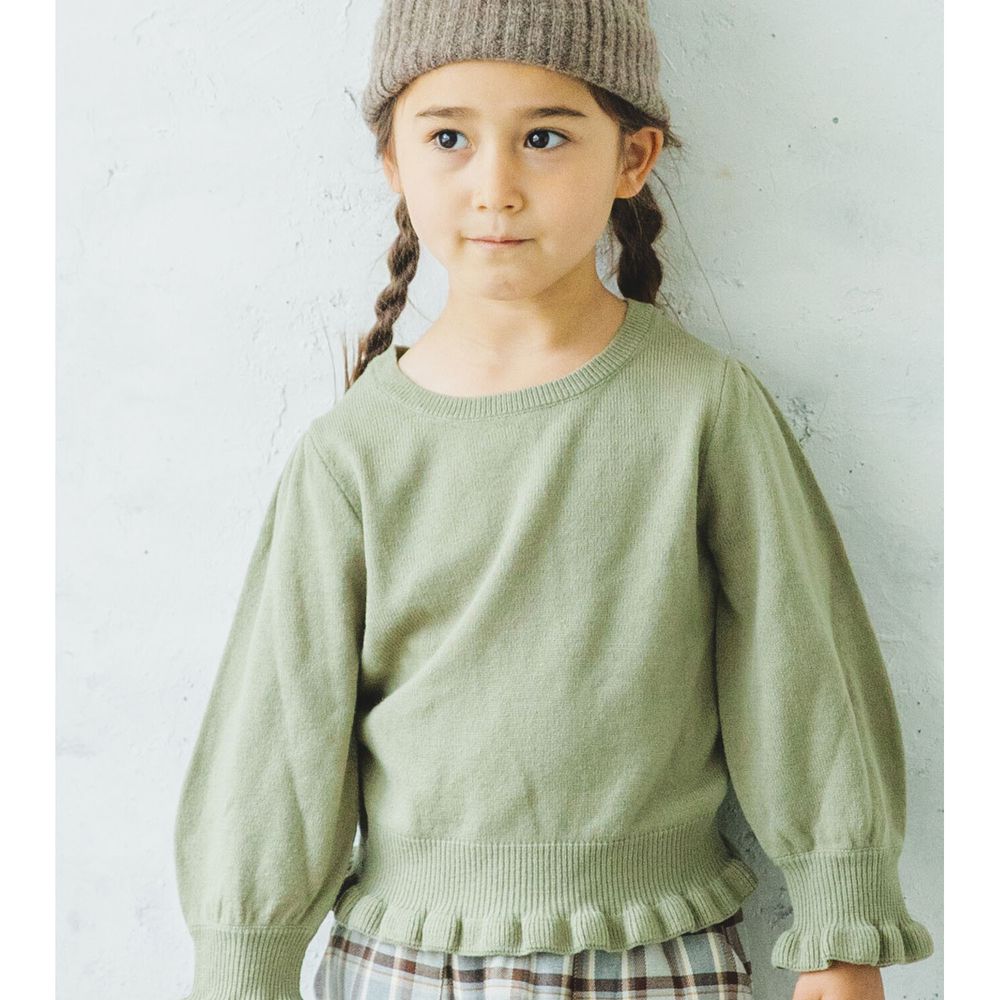 日本 PAIRMANON - 小荷葉造型袖口/衣襬薄針織上衣(孩子)-綠