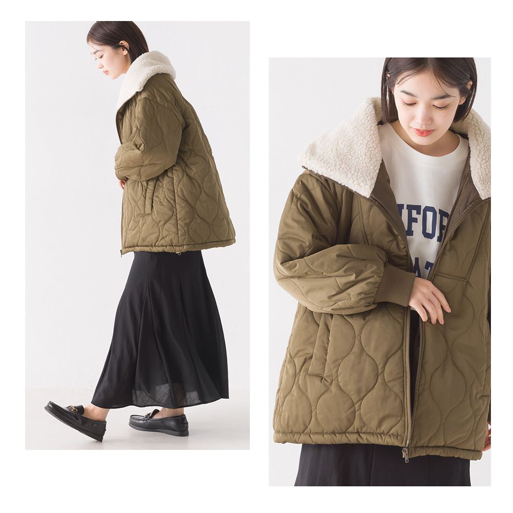 日本 OMNES - 短絨翻領泡泡紋鋪棉保暖外套-卡其