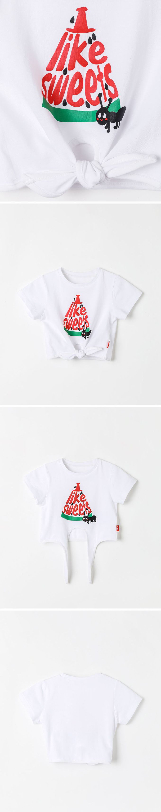 韓國 OZKIZ - 螞蟻吃西瓜印綁帶短袖上衣-白