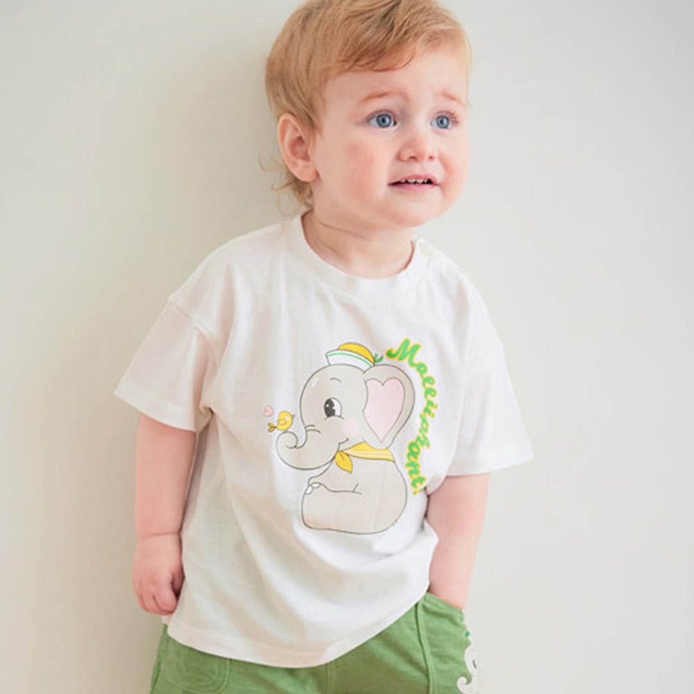 可愛大象圖案純棉短袖上衣-白