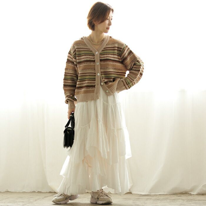 日本 ihuu - 2WAY繽紛條紋針織薄外套-卡其棕