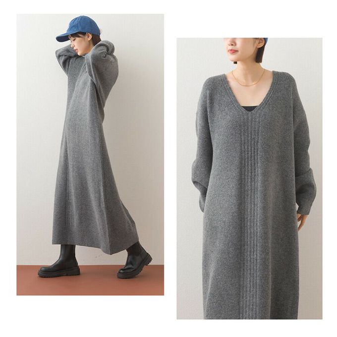 日本 OMNES - V領柔軟針織寬鬆感長袖洋裝-淺米灰