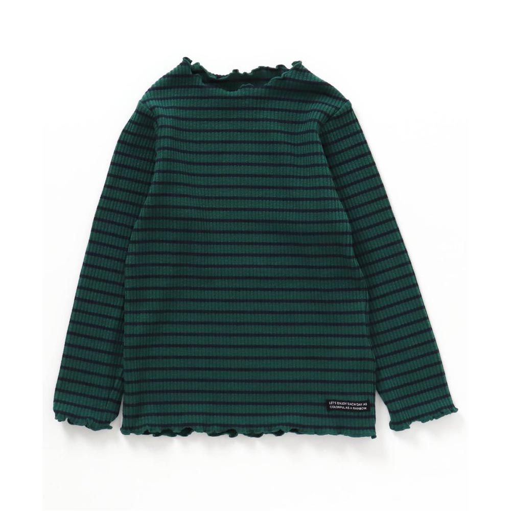 日本 BREEZE - 羅紋捲邊百搭薄長袖上衣-墨綠條紋