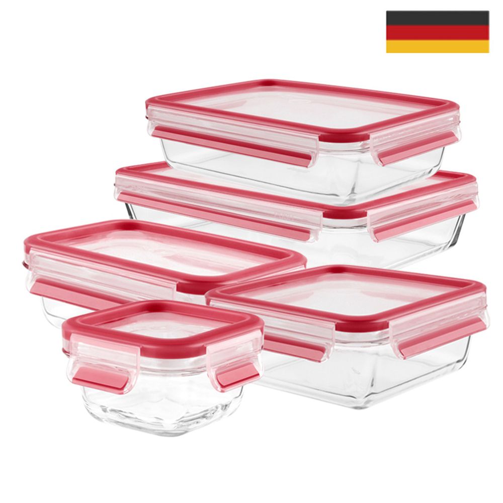 Tefal 法國特福 - MasterSeal (原德國EMSA)無縫膠圈玻璃保鮮盒-五件組 (0.2L+0.5L+0.9L+1.3L+2.0L)