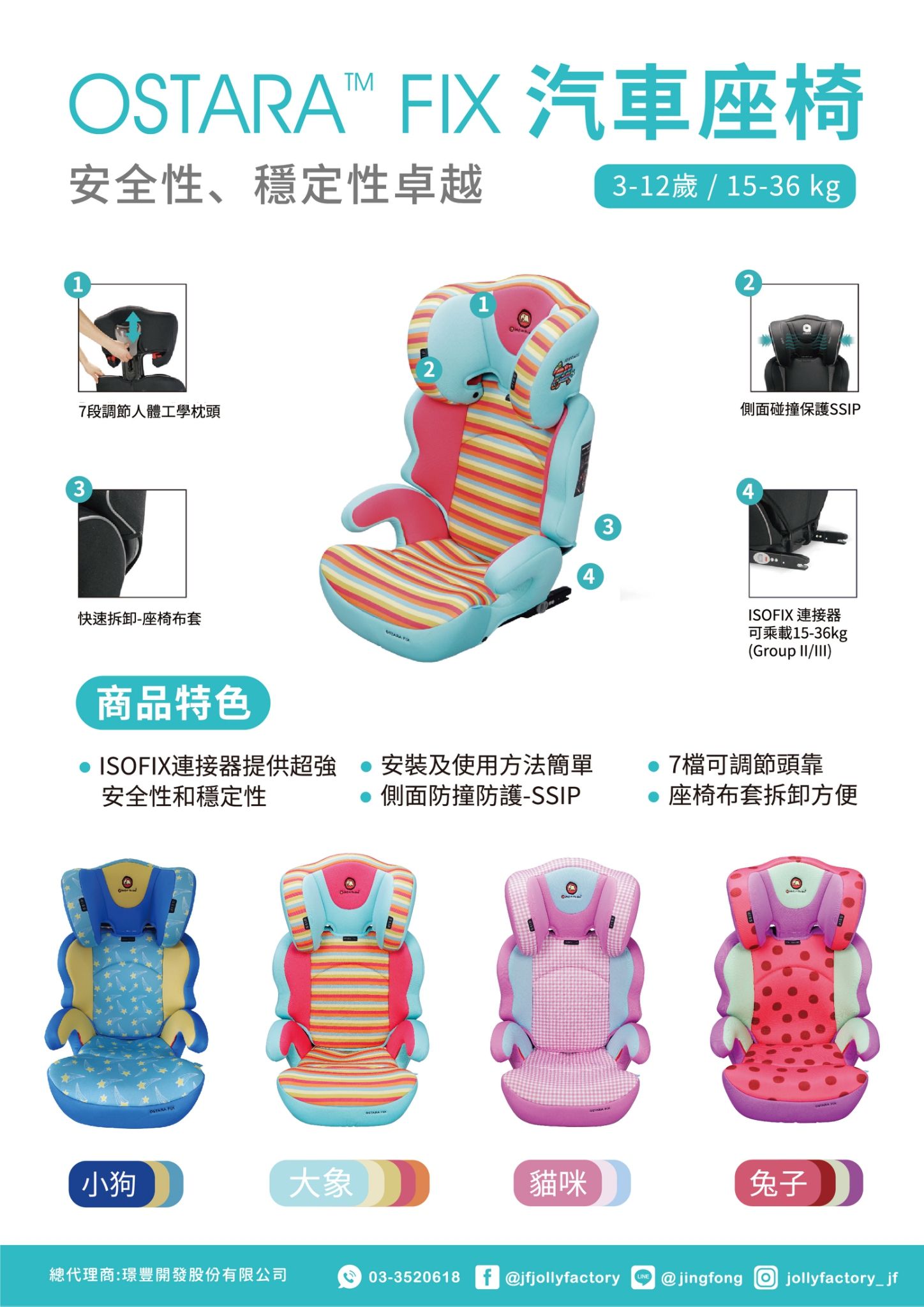 英國 Apramo - Ostara Fix成長型汽座-3-12歲-大象-附保護墊及防踢墊